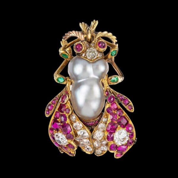 A Victorian Natural Pearl Ruby And Diamond Bug Brooch