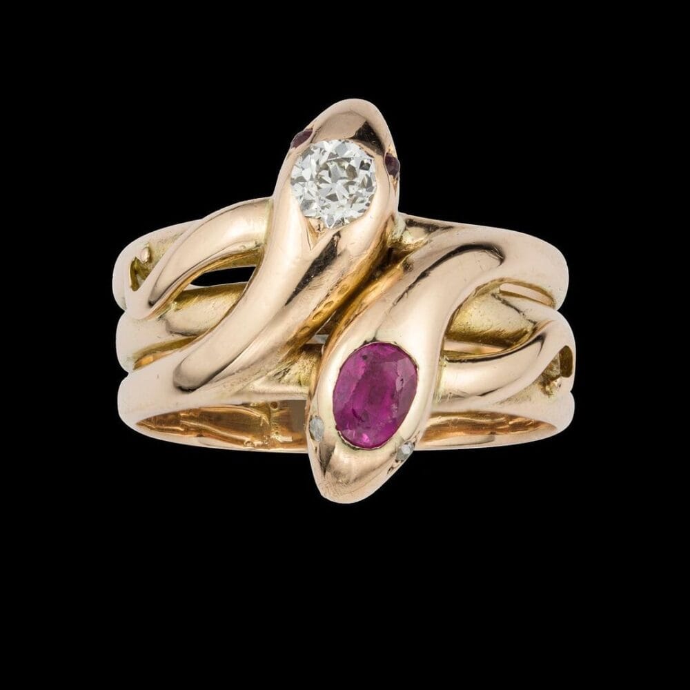 A Victorian Gold, Ruby And Diamond Twin Serpent Ring
