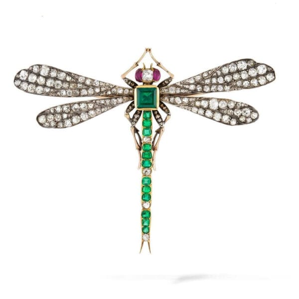 An Antique Russian Emerald And Diamond Dragonfly Brooch