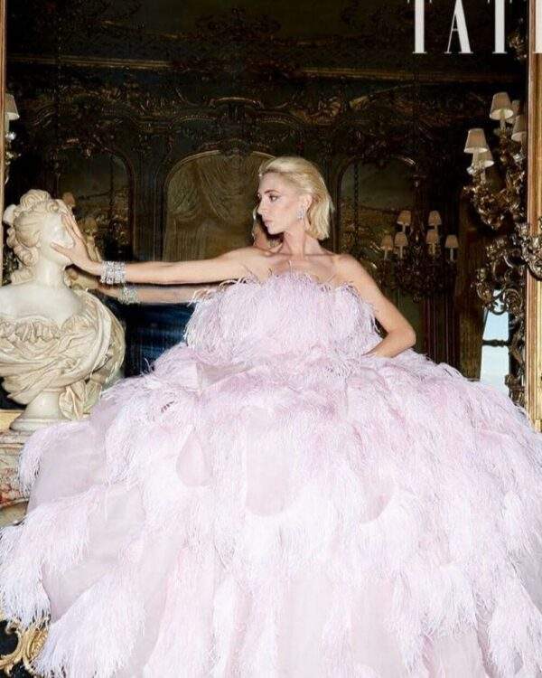 Haute couture and fine jewellery style inspiration. Sabine Getty @sabinegetty photographed by @clairerothstein, styled by @sophiepera wearing @maisonvalentino haute-couture and Art-Deco bracelets by @bentley_skinner, #courtesy of @tatlermagazine 