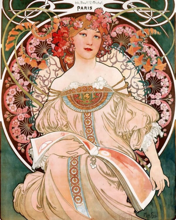 rt Nouveau inspiration: F. Champenois Imprimeur-Éditeur, lithograph, 1897, by Alphonse Mucha. Alphonse Mucha was born in 1860 and his work includes some of the finest and best known examples of the Art Nouveau style in existence. Mucha was born in Ivanice in Moravia, then a part of what was the Austro-Hungarian empire. The artist's work epitomises the Art Nouveau style perhaps more solidly than any other artist’s. In Reverie the bold white and green swirling patterns that top and frame the picture are archetypically redolent of botanical growth in form, a staple of the art nouveau style. The colours also reflect those of nature and the whole piece is a shining example of Mucha’s work and the art nouveau movement. Mucha's work has been popular for over a century and it has been used in enormous proliferation in advertising, book illustration and other media.