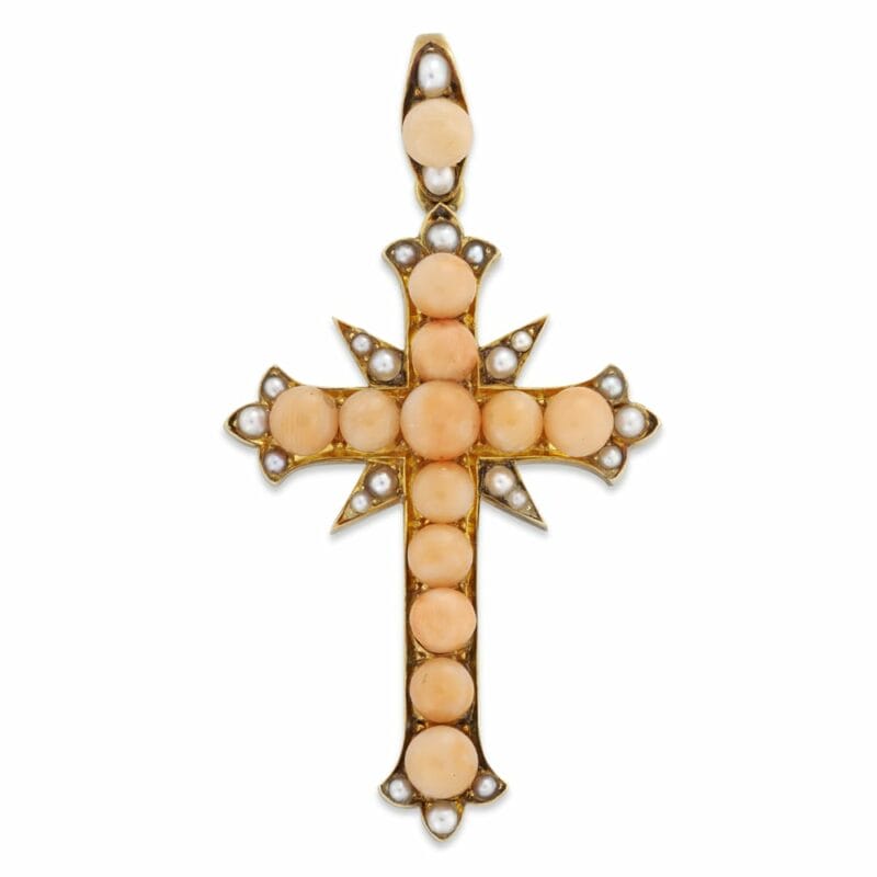 A Victorian Coral And Half Pearl Cross Pendant