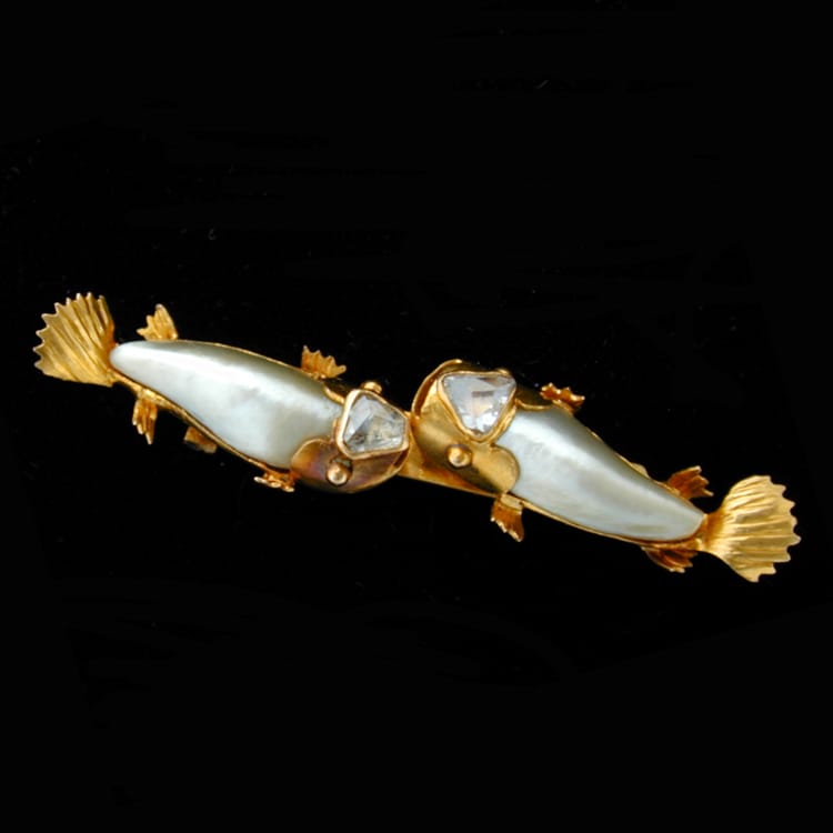 A Turn Of The Century Pearl And Rose Diamond Fish Brooch