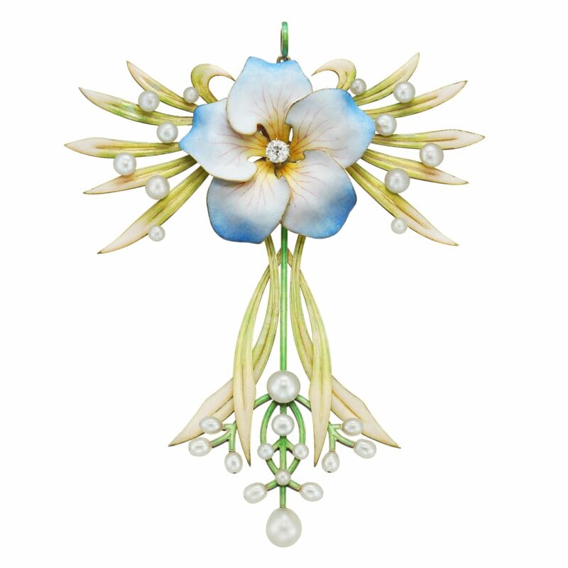 A Fine Art Nouveau Enamel And Pearl Flower Pendant