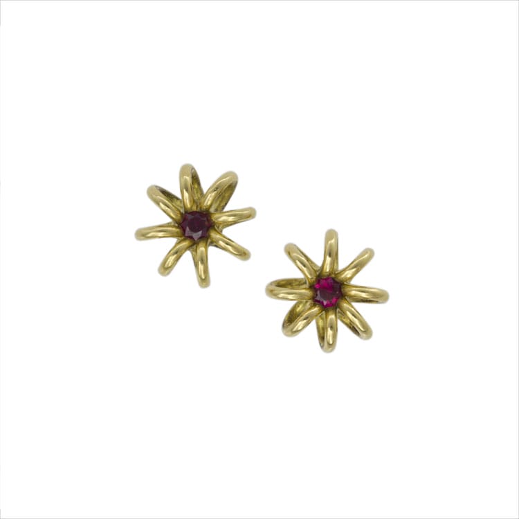 A Pair Of Yellow Gold And Ruby Flower Earstuds