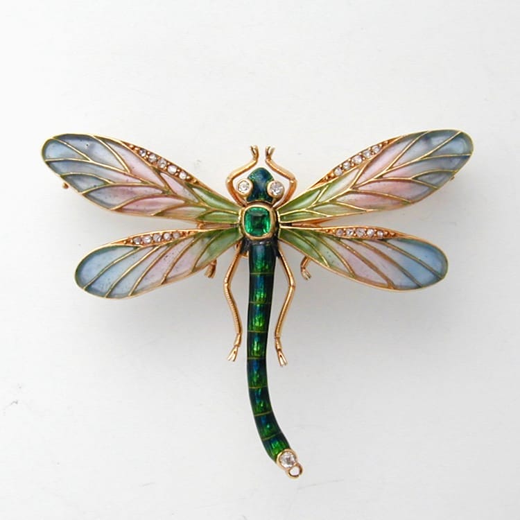 An Art Nouveau Emerald Enamel And Diamond Dragonfly Brooch