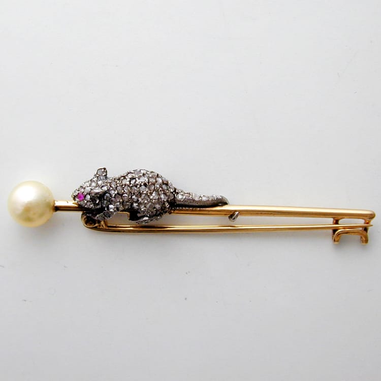 A Victorian Diamond And Natural Pearl Mouse Brooch