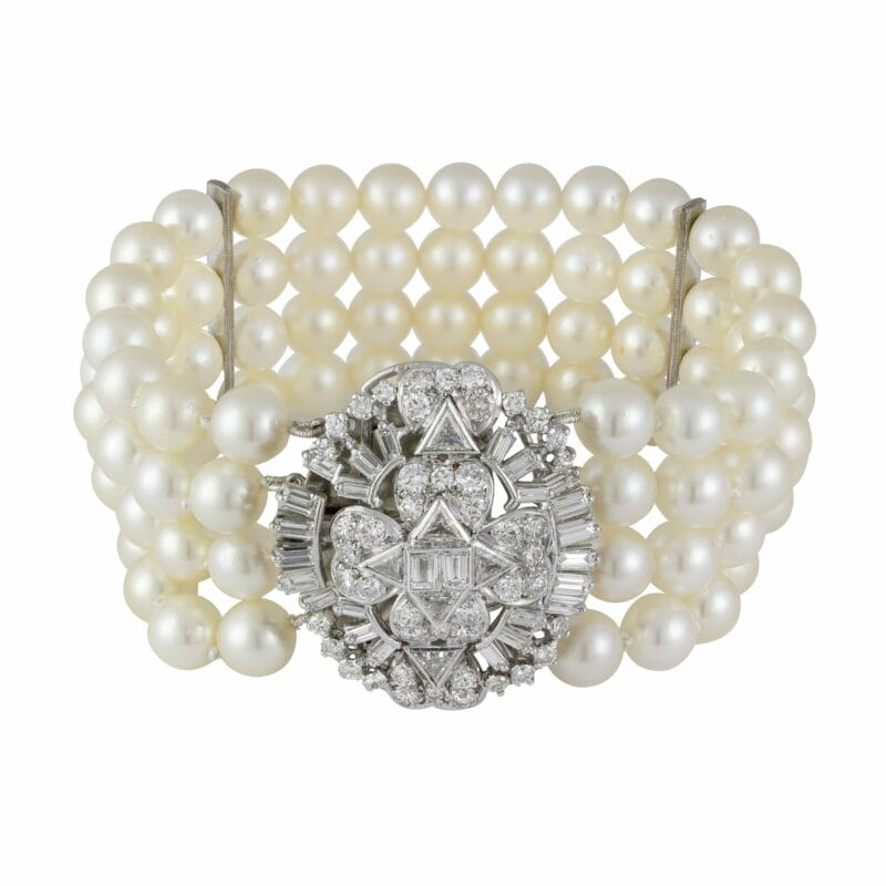 A Four-row Cultured Pearl Bracelet With Diamond Clasp