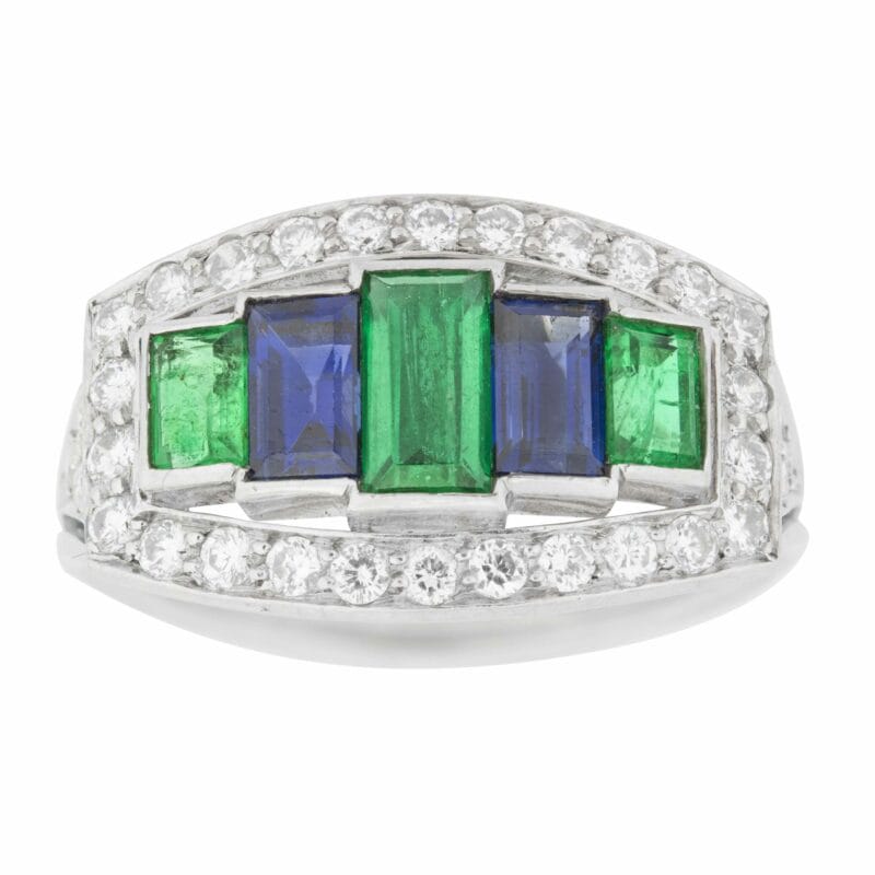 An Emerald, Sapphire And Diamond Rectangular Panel Ring
