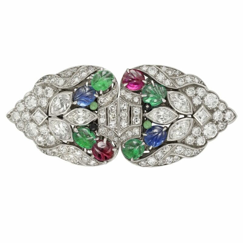 An Art Deco Diamond And Gemset Double Clip Brooch