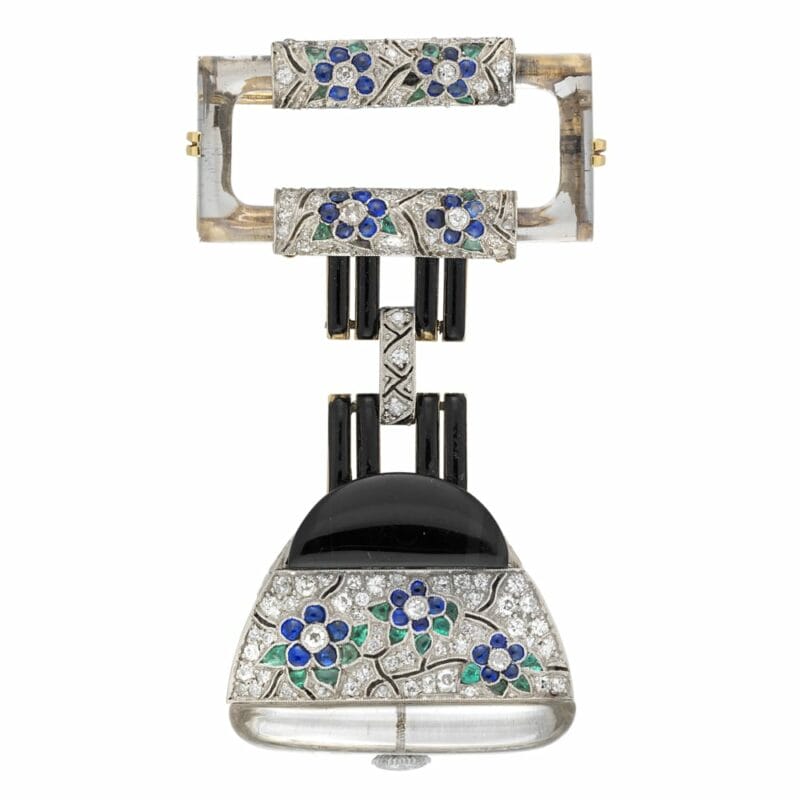 An Art Deco Crystal, Black Enamel And Gemset Pendant Watch