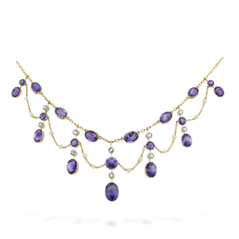 An Edwardian amethyst, diamond and pearl fringe necklace