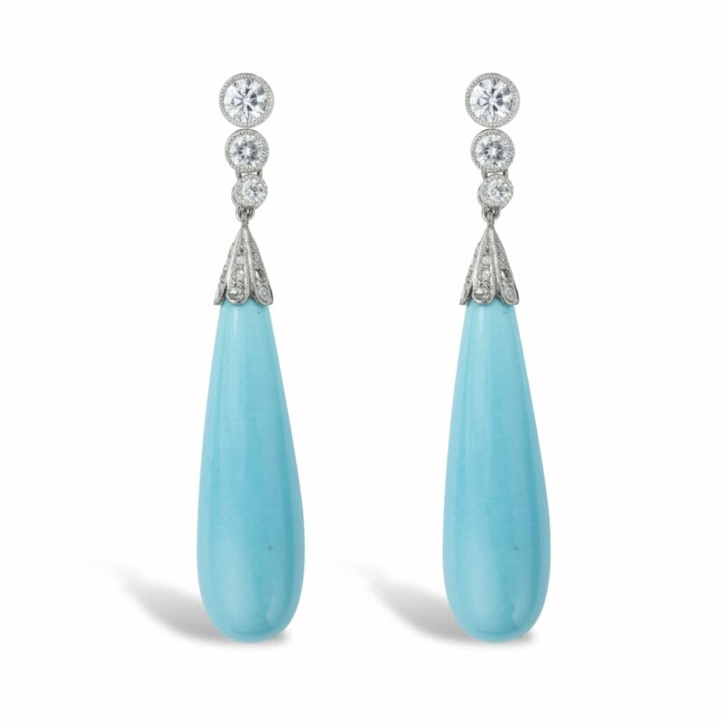 A Pair Of Turquoise And Diamond Drop Earring