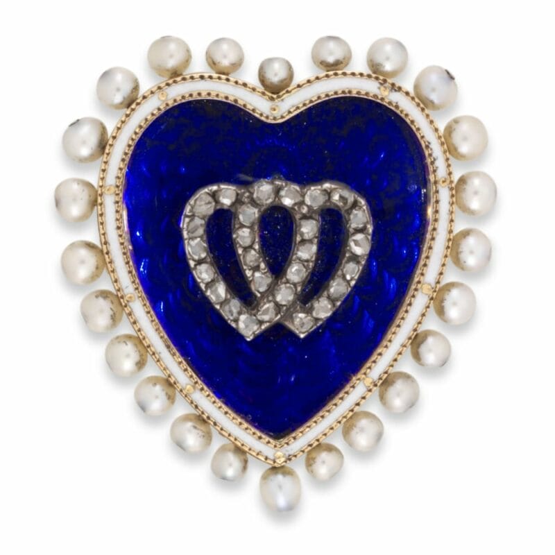 A Blue Enamel Heart Brooch With Diamond Twin Hearts