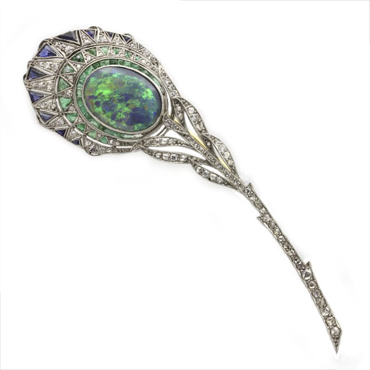 An Edwardian Opal And Diamond Peacock Feather Brooch