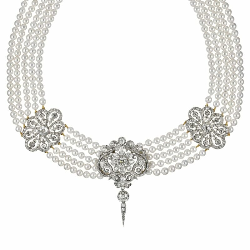 A Fine Early Victorian  Diamond And Cultured Pearl Necklace