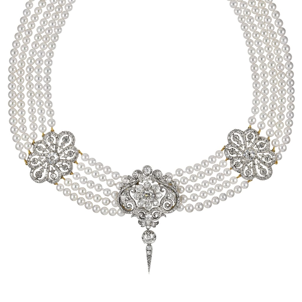 A Fine Early Victorian Diamond And Cultured Pearl Necklace