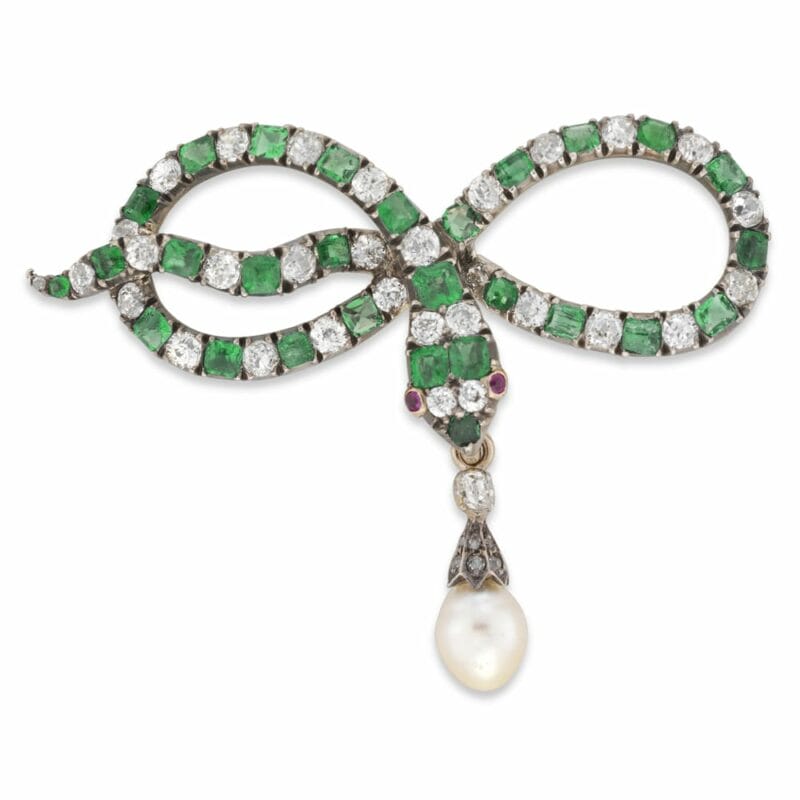 A Late Victorian Emerald And Diamond Snake Brooch