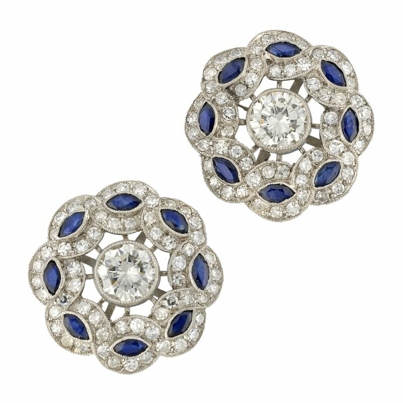 A Pair Of Diamond And Sapphire Cluster Earrings