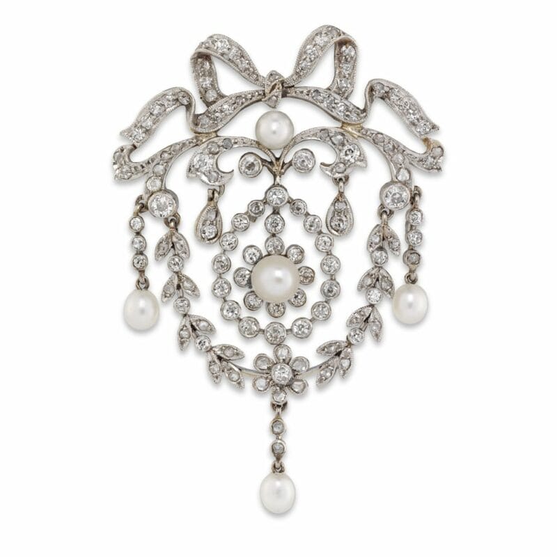 A Late Victorian Pearl And Diamond Bow And Laurel Brooch