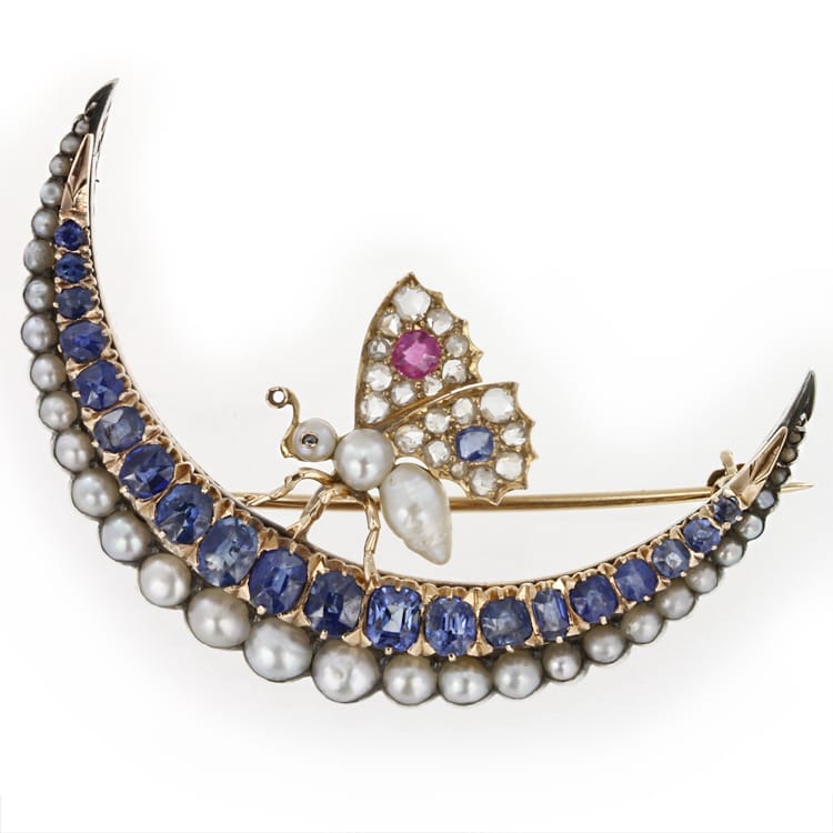 A Late Victorian Sapphire And Pearl Crescent Brooch