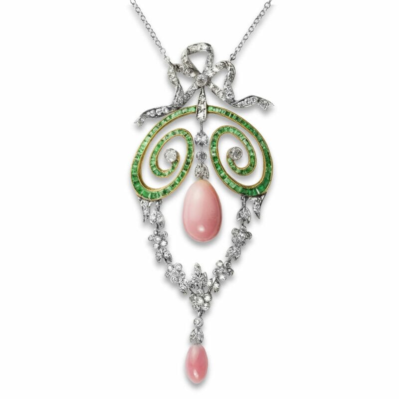 An Edwardian Conch Pearl, Emerald And Diamond Pendant