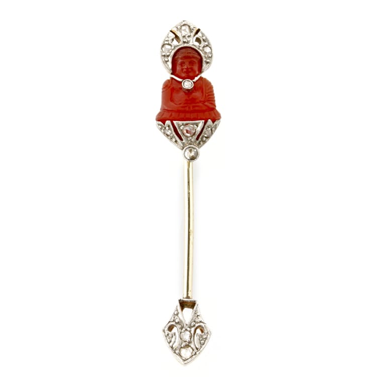 An Art Deco Buddha Cornelian And Diamond Stick Pin