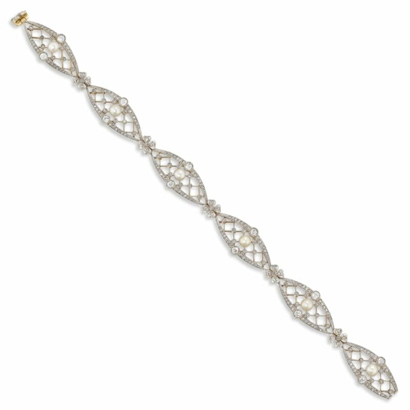 An Edwardian Pearl And Diamond Lattice Bracelet