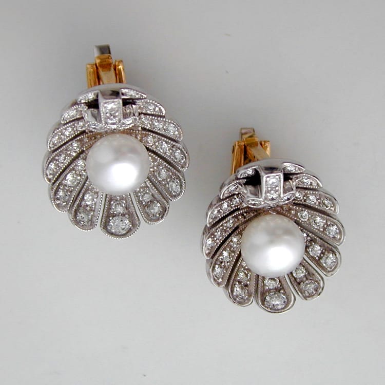 A Pair Of Diamond And Cultured Pearl Shell Earclips