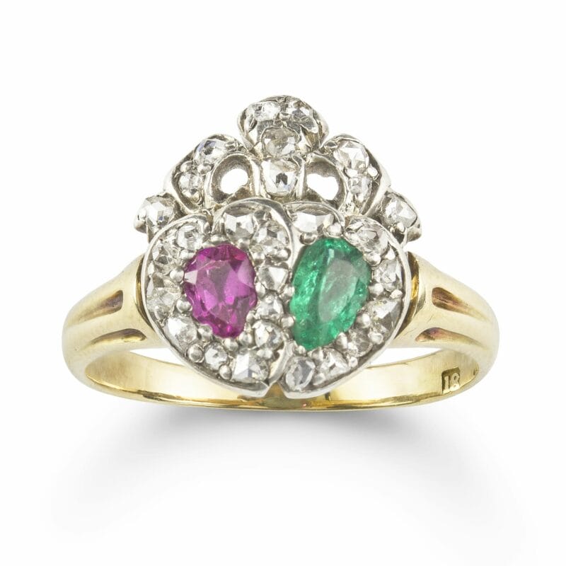 A Late Victorian Emerald, Ruby And Diamond Twin Heart Ring
