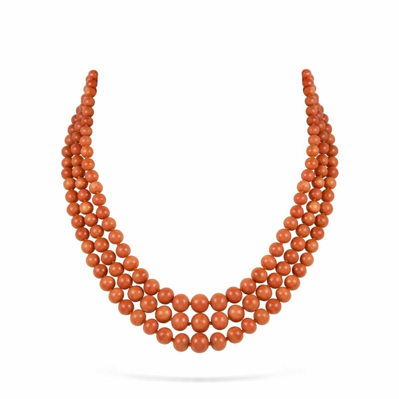 Three Row Coral Necklace With Coral And Gold Clasp