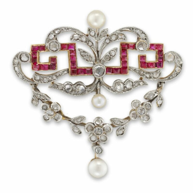An Edwardian Ruby, Pearl And Diamond Swag Brooch