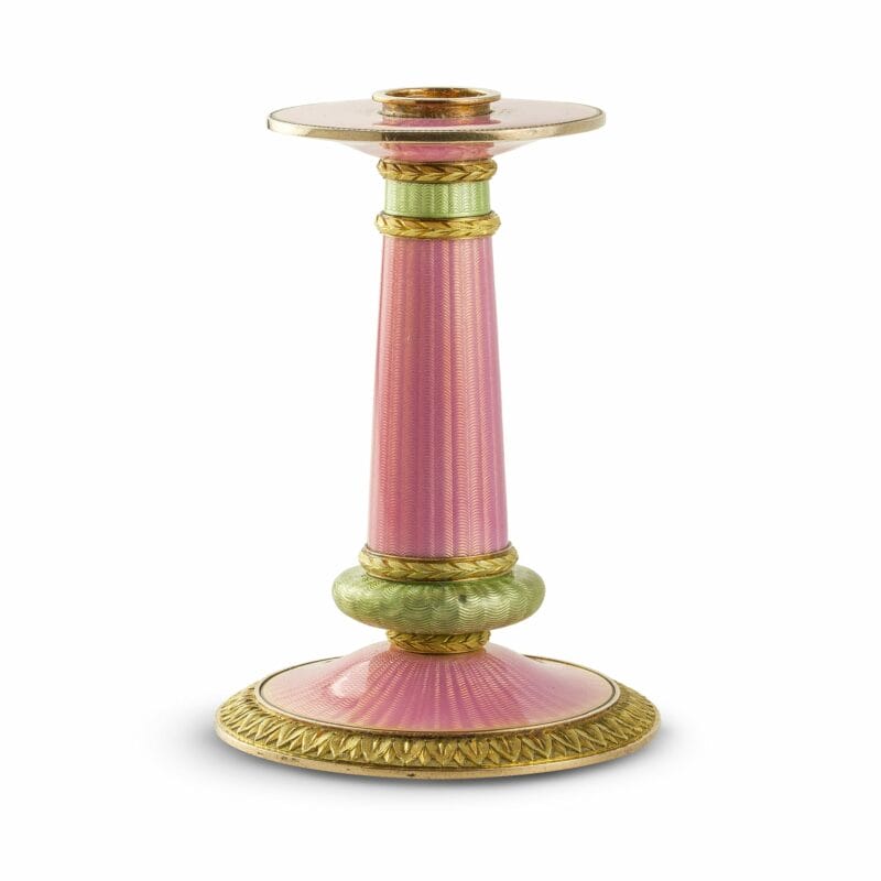 A Faberge Pink & Green Enamel Taperstick Holder By Faberge