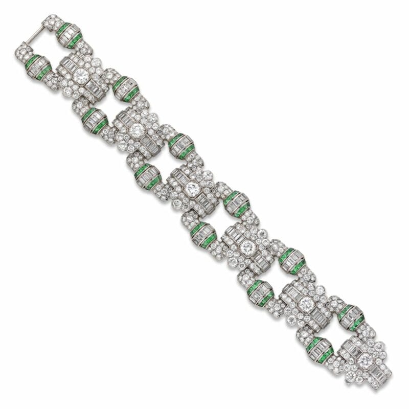 An Art Deco Emerald And Diamond Panel Bracelet