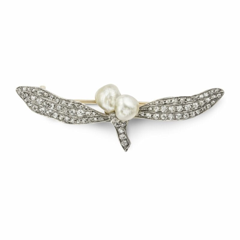 A Fine Victorian Pearl And Diamond Mistletoe Leaf Brooch