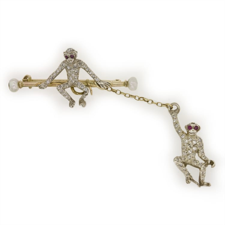 A Pair Of Victorian Diamond-set Monkeys Bar Brooch