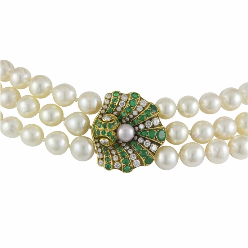 An Emerald, Cultured Pearl And Diamond Shell-shaped Brooch