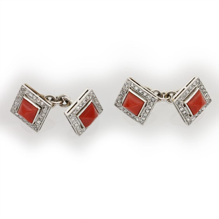 A Pair Of  Art Deco Coral And Diamond Cluster Cufflinks