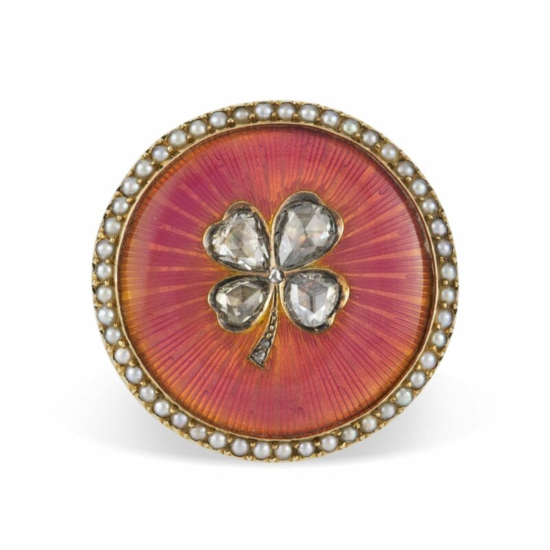 An Important Faberge Pink Enamel, Diamond And Pearl Brooch