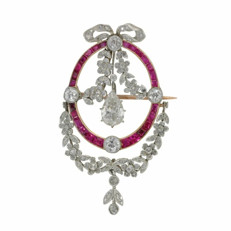 An Edwardian Ruby And Diamond Laurel Swag Pendent