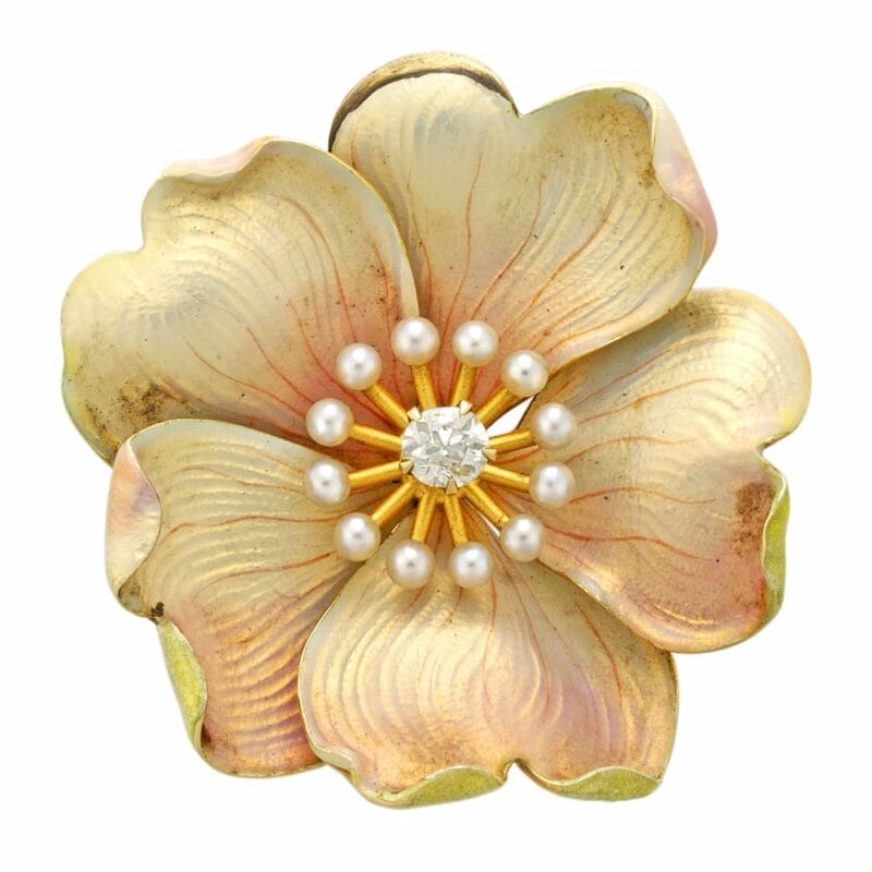 A Late Victorian Enamel And Diamond Flower Brooch