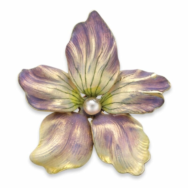 An Art Nouveau Pearl And Enamel Flower Brooch