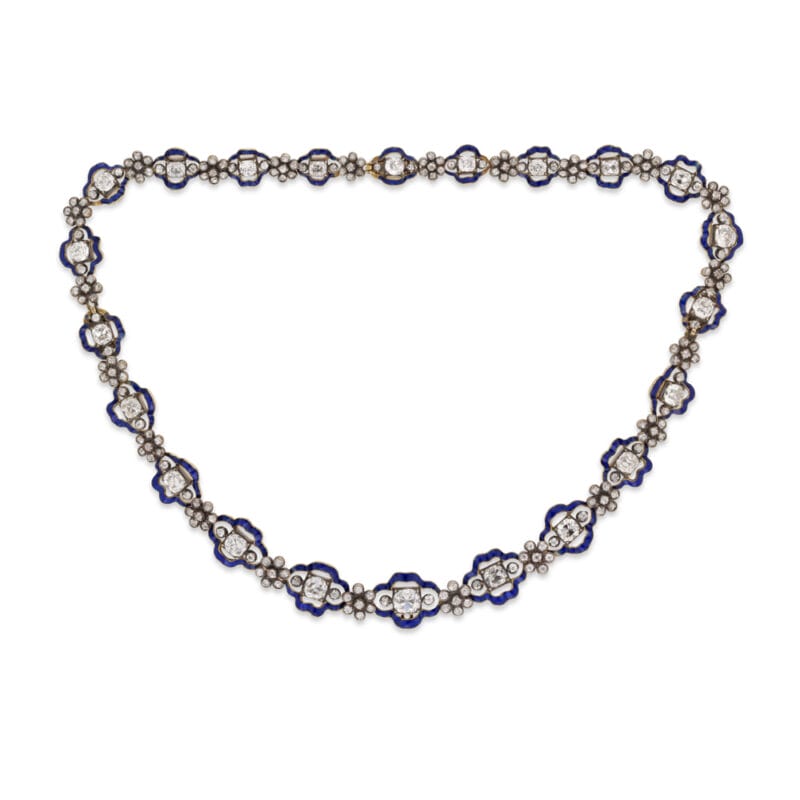 A Regency Diamond And Blue Enamel Cluster Necklace