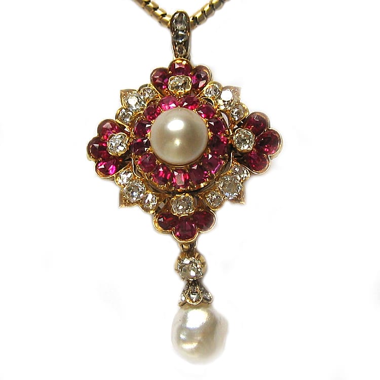 A Victorian Natural Pearl, Ruby And Diamond Cluster Pendant
