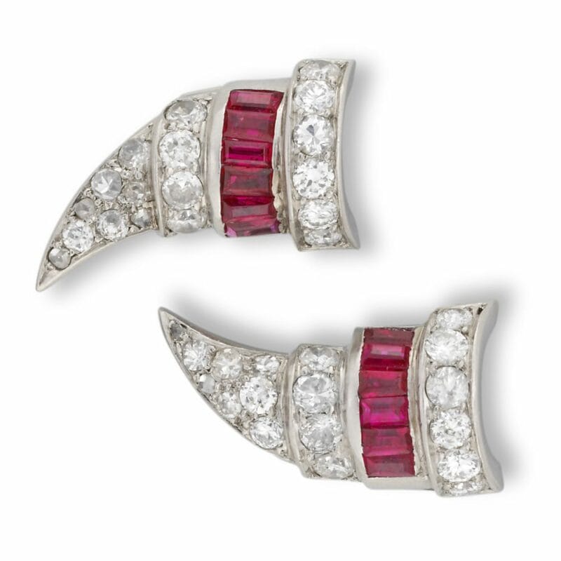 A Pair Of Art Deco Ruby And Diamond Horn Earrings