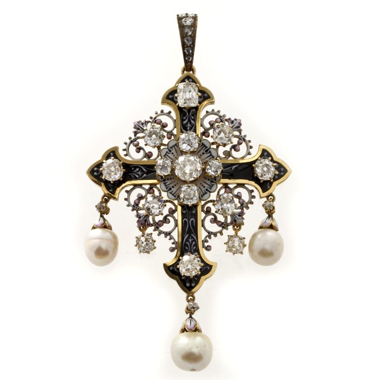 A Fine French Enamel, Pearl And Diamond Cross Pendant
