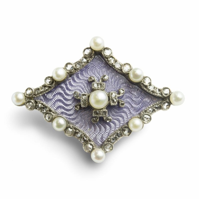 A Turn Of The Century Lilac Enamel, Pearl And Diamond Brooch
