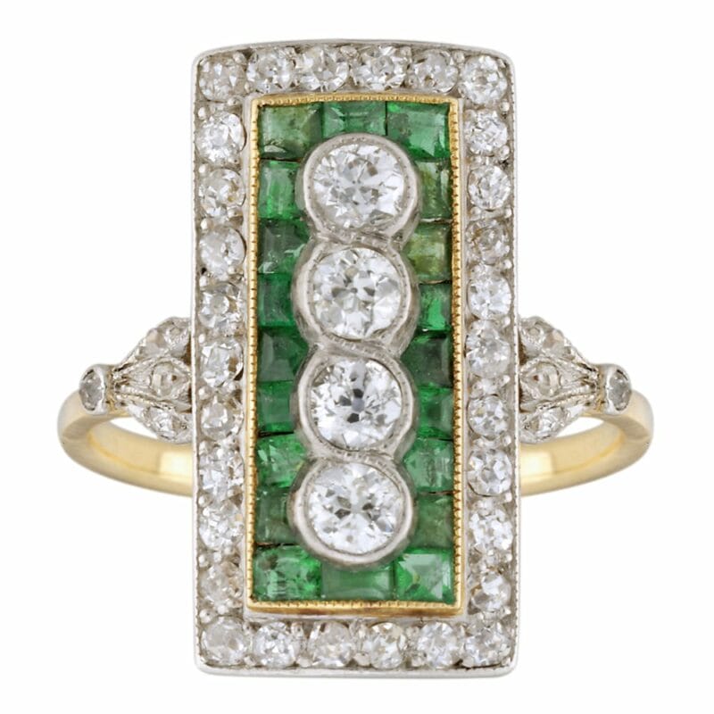 An Art Deco Emerald And Diamond Plaque Ring
