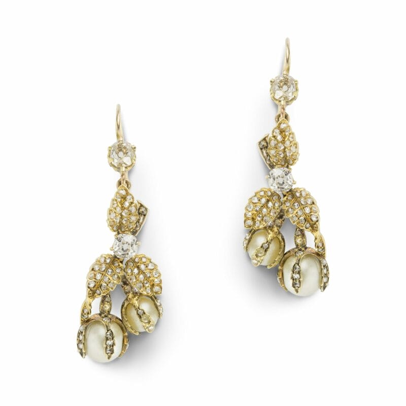 A Pair Of Victorian Diamond And Pearl Floral Drop Earrings