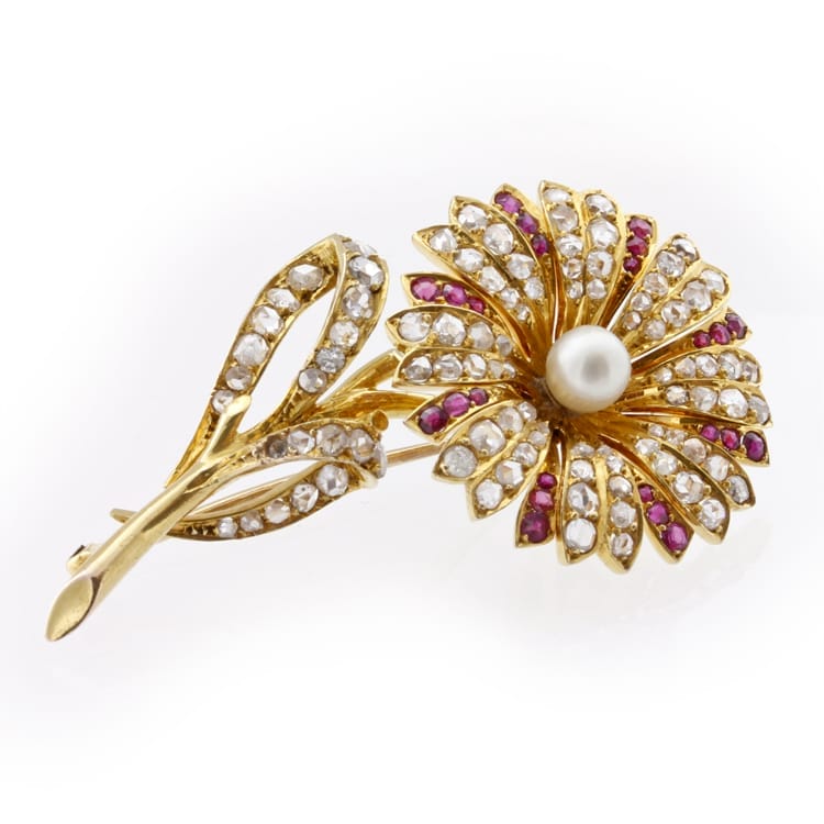 A Late Victorian Pearl, Ruby And Diamond Flower Brooch